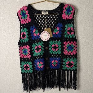 NWT- Umgee -Multicolor granny Square Crochet Fringe Vest- Large